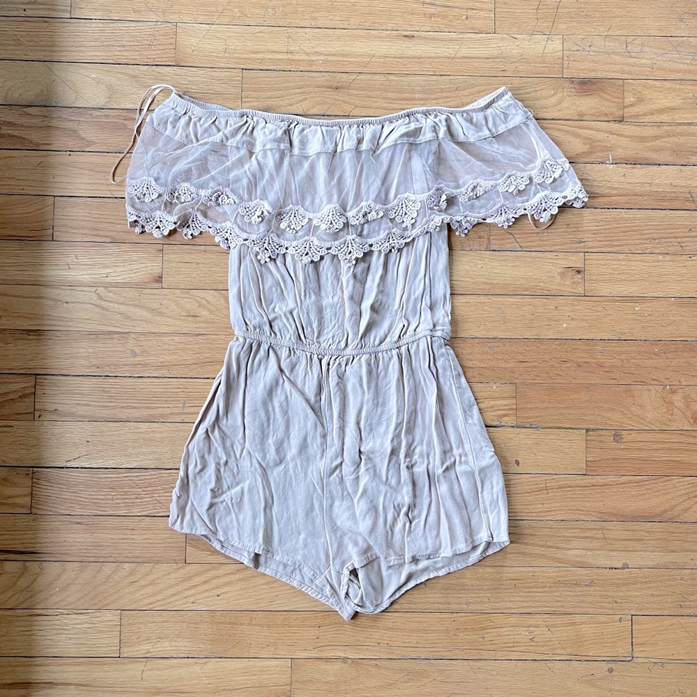 Tan ambiance off shoulder crochet romper